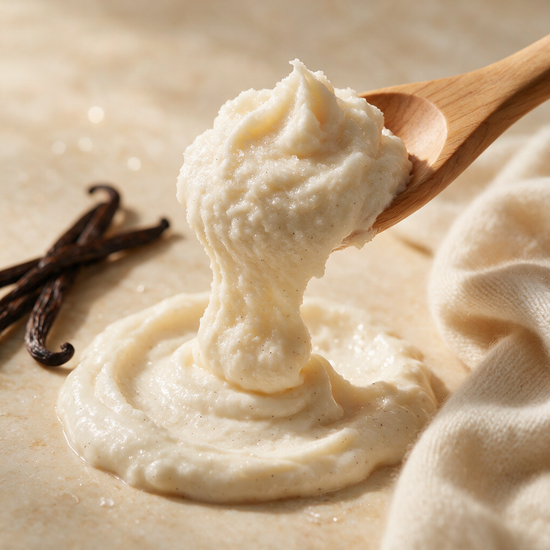 Kokoualush Vanilla Cashmere Body Scrub wooden scoop lifting ivory cream sugar scrub