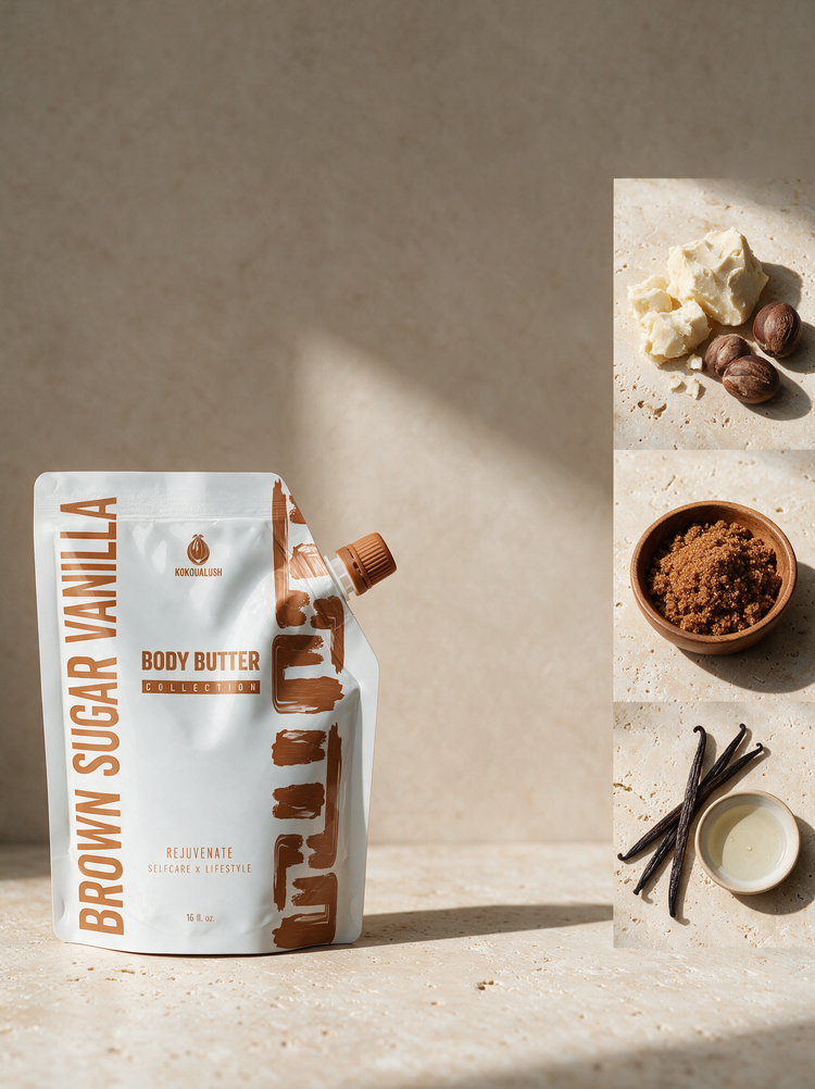 Brown Sugar Vanilla body butter ingredients: shea butter, brown sugar, vanilla and coconut oil