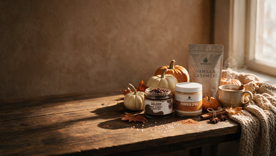 Kokoualush fall collection: But First Coffee scrub, Pumpkin Spice scrub and Vanilla Cashmere bath soak with pumpkins and autumn leaves