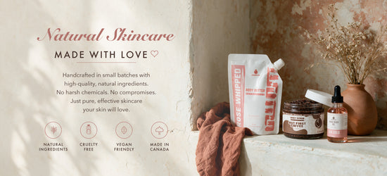 Natural Skincare Made With Love - Kokoualush body butter, body scrub and rose body oil, with natural ingredients, cruelty free, vegan friendly and made in Canada badges