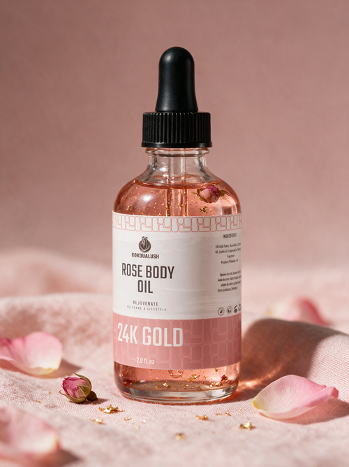Kokoualush 24K Gold Rose Body Oil dropper bottle with gold flakes and rosebuds on blush linen