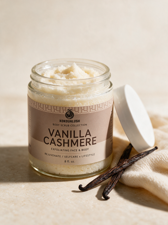 Kokoualush Vanilla Cashmere Body Scrub in an 8oz glass jar with vanilla pods and cashmere cloth