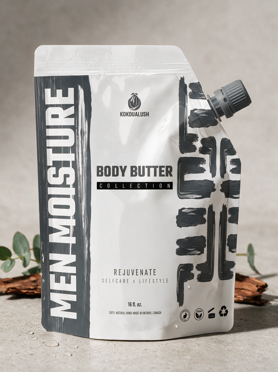 Kokoualush Men Moisture Body Butter in a grey stand-up pouch with eucalyptus and cedar bark