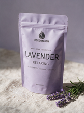 Kokoualush Lavender Relaxing Bath Soak pouch with lavender sprigs and bath salts