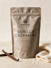 Kokoualush Vanilla Cashmere Bath Soak pouch with vanilla pods and cashmere cloth