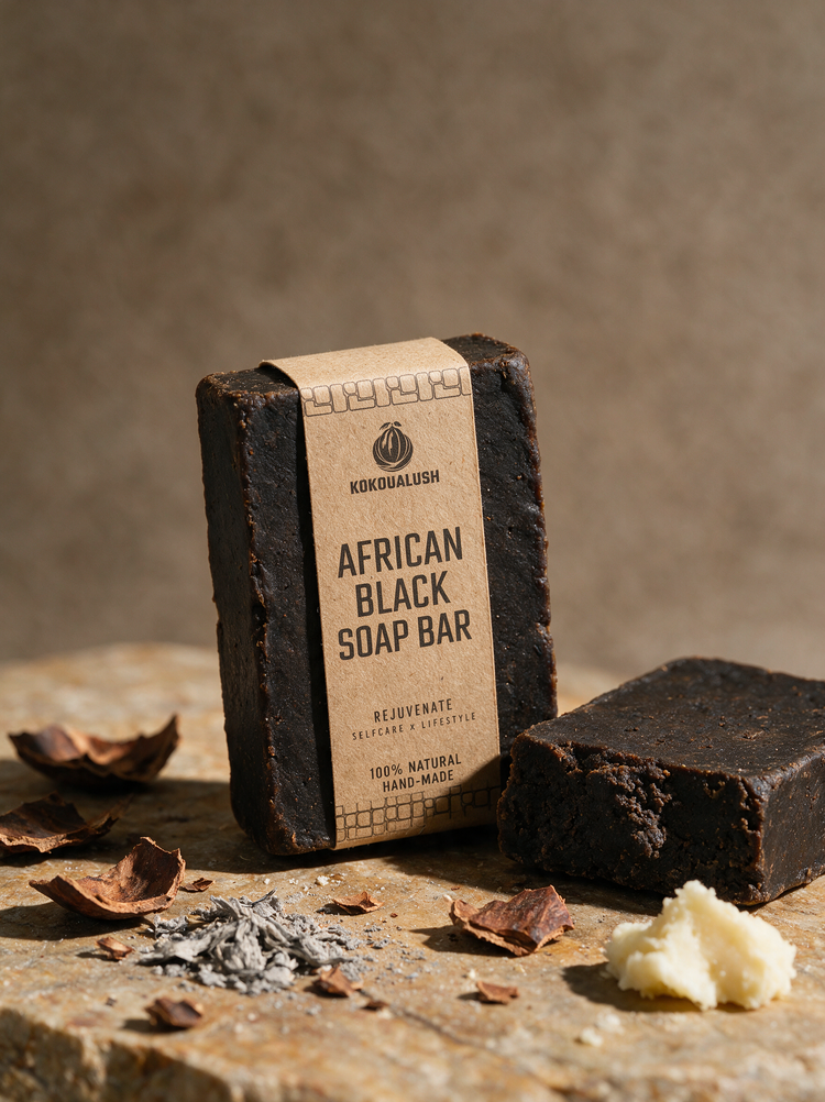 Kokoualush African Black Soap Bar with kraft belly band, cocoa shells and plantain ash