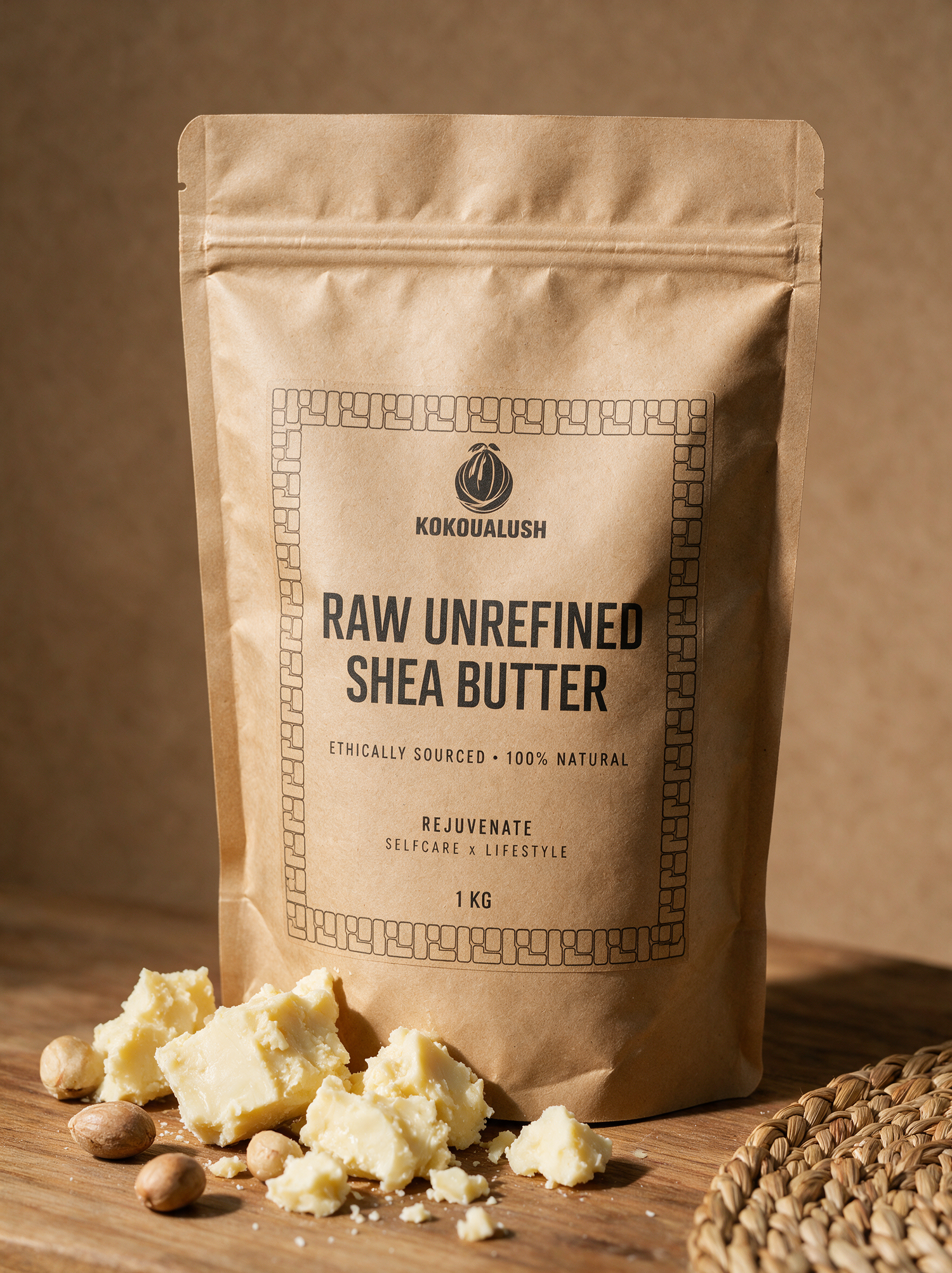 Kokoualush 1kg Raw Unrefined Shea Butter kraft pouch with shea chunks and nuts