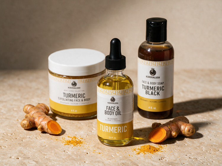 Kokoualush Turmeric Trio gift set: face and body oil, exfoliating scrub and turmeric black soap