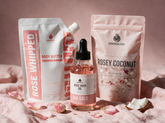 Kokoualush Rose Trio gift set: rose whipped body butter, 24K gold rose oil and rosey coconut bath soak