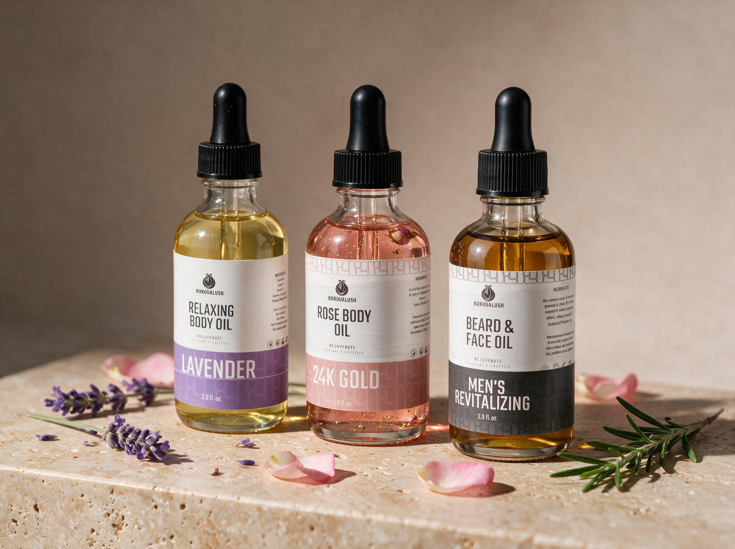 Kokoualush Body Oil Trio: lavender relaxing, 24K gold rose and men&