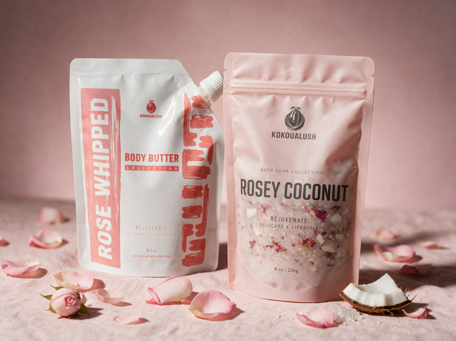 Kokoualush Rose Bundle: rose whipped body butter pouch and rosey coconut bath soak