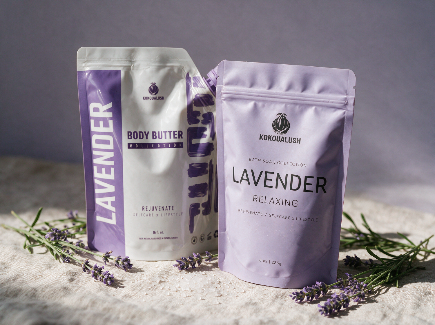 Kokoualush Lavender Duo: lavender body butter pouch and lavender relaxing bath soak