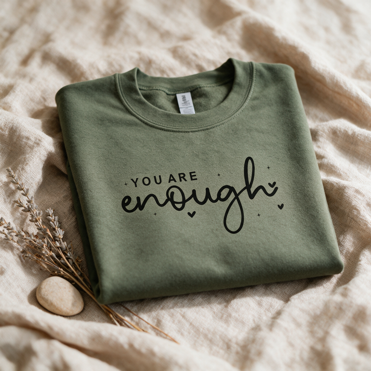 Kokoualush You Are Enough sage green crewneck folded flat-lay on linen with dried lavender