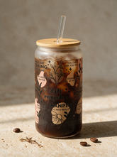 Kokoualush Daily Reminders affirmation frosted glass tumbler with bamboo lid and glass straw filled with iced coffee