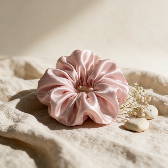 Kokoualush blush pink silk satin scrunchie resting on oatmeal linen with dried baby&