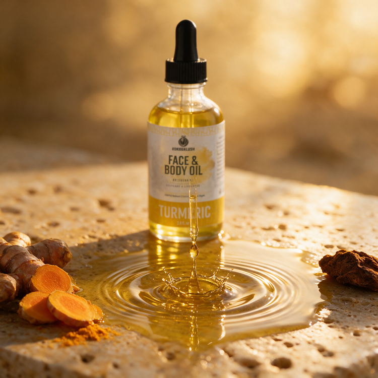 Kokoualush Turmeric Face & Body Oil golden droplet splashing into a pool of oil, sensory glow shot