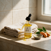 How to use Kokoualush Turmeric oil: dropper dispensing on a sunlit travertine bathroom ledge with linen and turmeric root