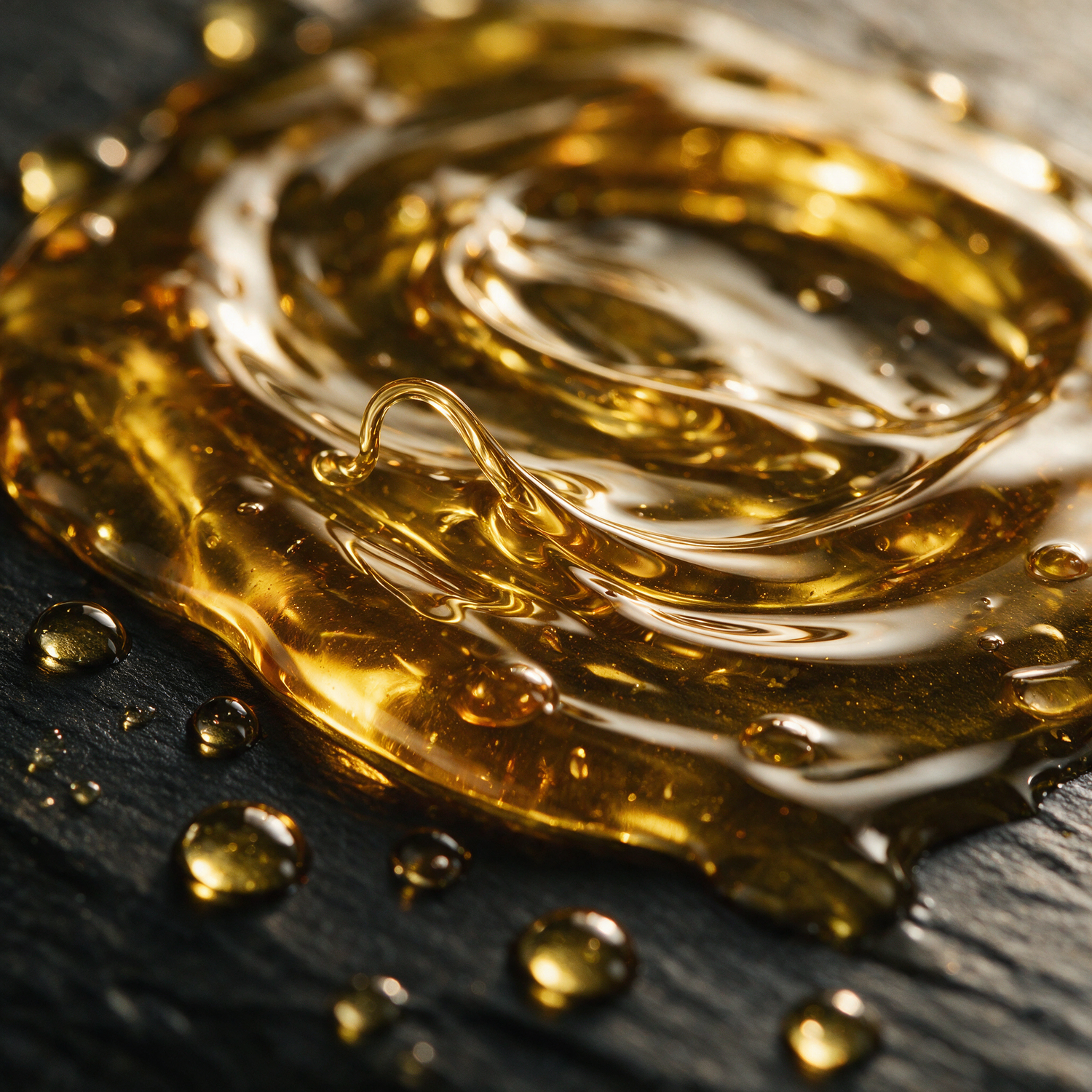 Macro texture of amber beard and face oil on dark slate