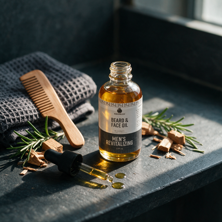 How to use Kokoualush beard oil: dropper dispensing on a dark slate shelf with comb, towel and rosemary
