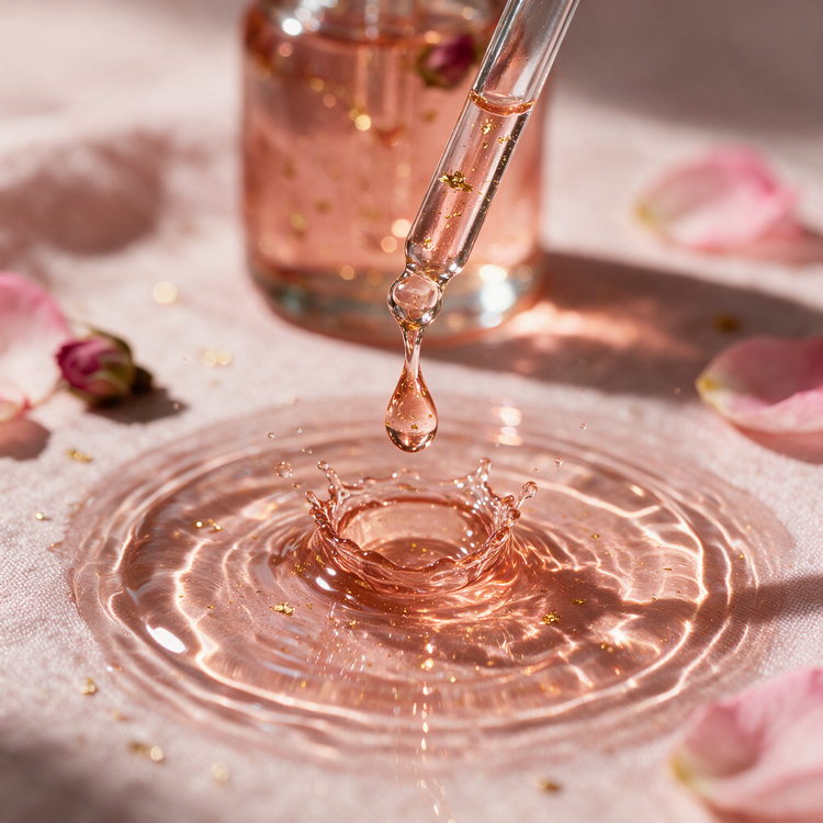 Kokoualush 24K Gold Rose Body Oil rose-gold droplet crown splash with gold flecks and rose petals