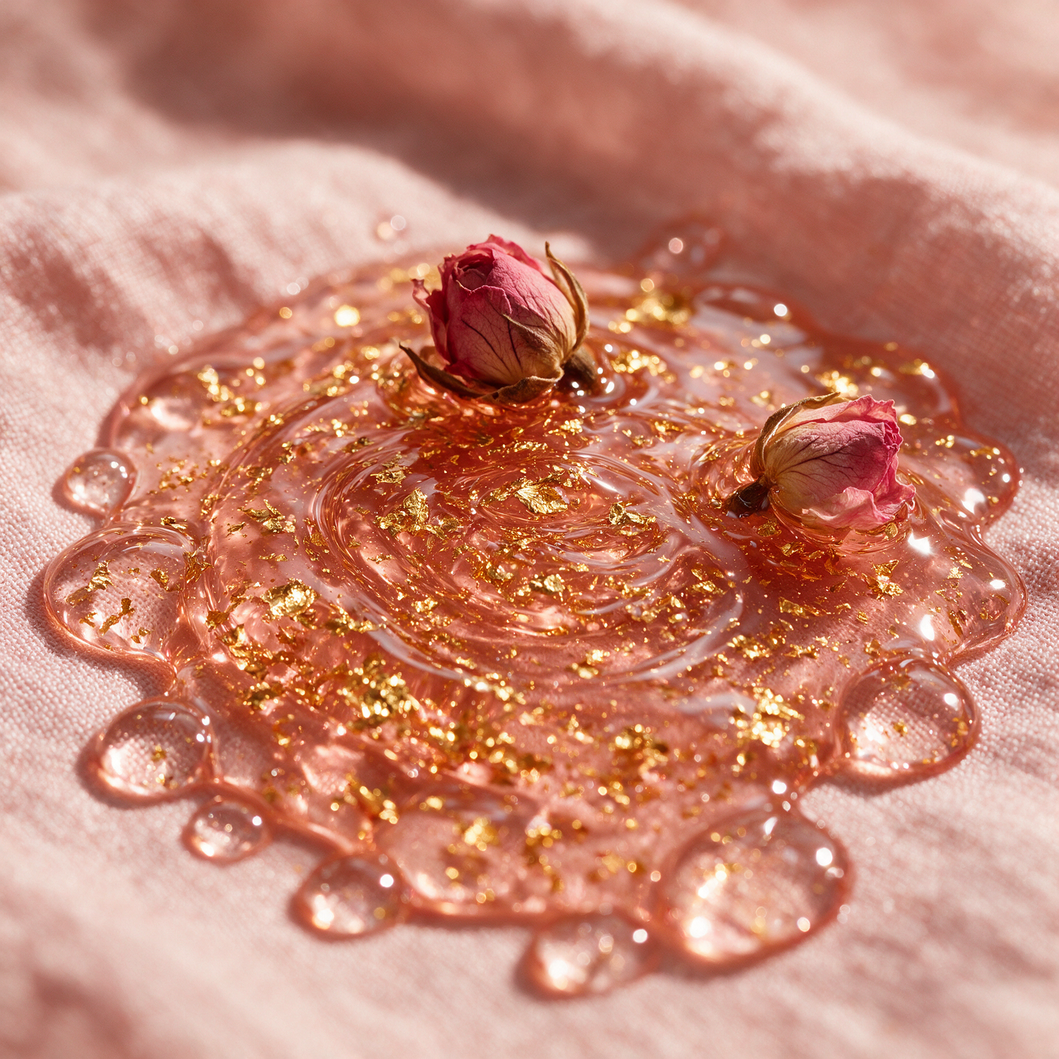 Macro texture of rose-gold body oil studded with 24K gold leaf flakes and rosebuds