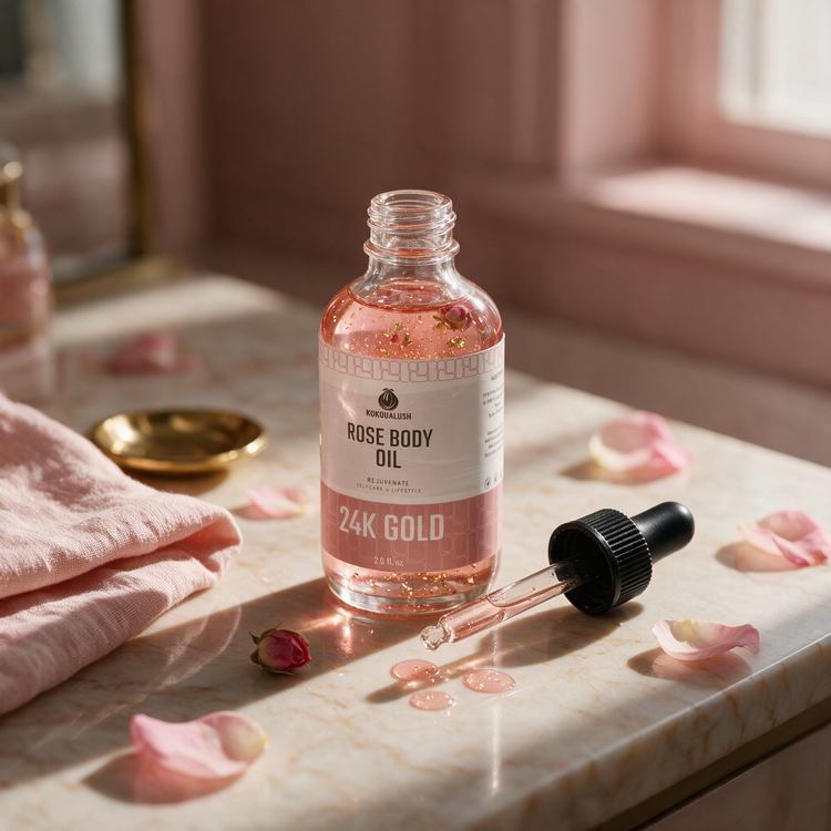 How to use Kokoualush 24K Gold Rose Body Oil: dropper dispensing on marble vanity with rose petals