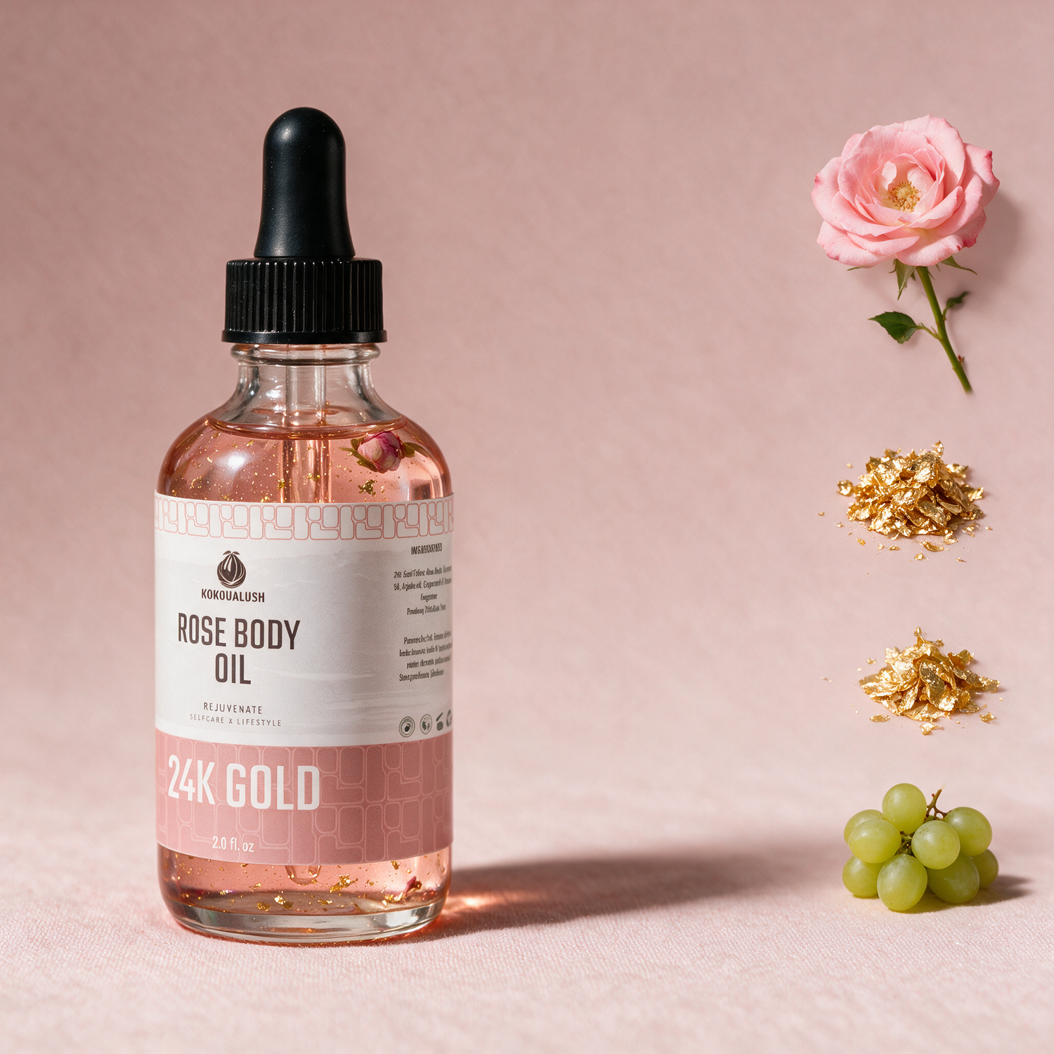 Kokoualush 24K Gold Rose Body Oil key ingredients rose, 24K gold leaf and grapeseed