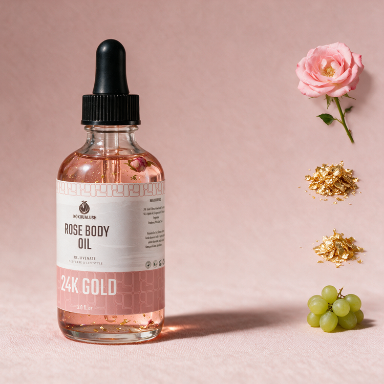 Kokoualush 24K Gold Rose Body Oil key ingredients rose, 24K gold leaf and grapeseed