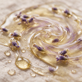 Macro texture of pale lavender body oil with dried lavender buds