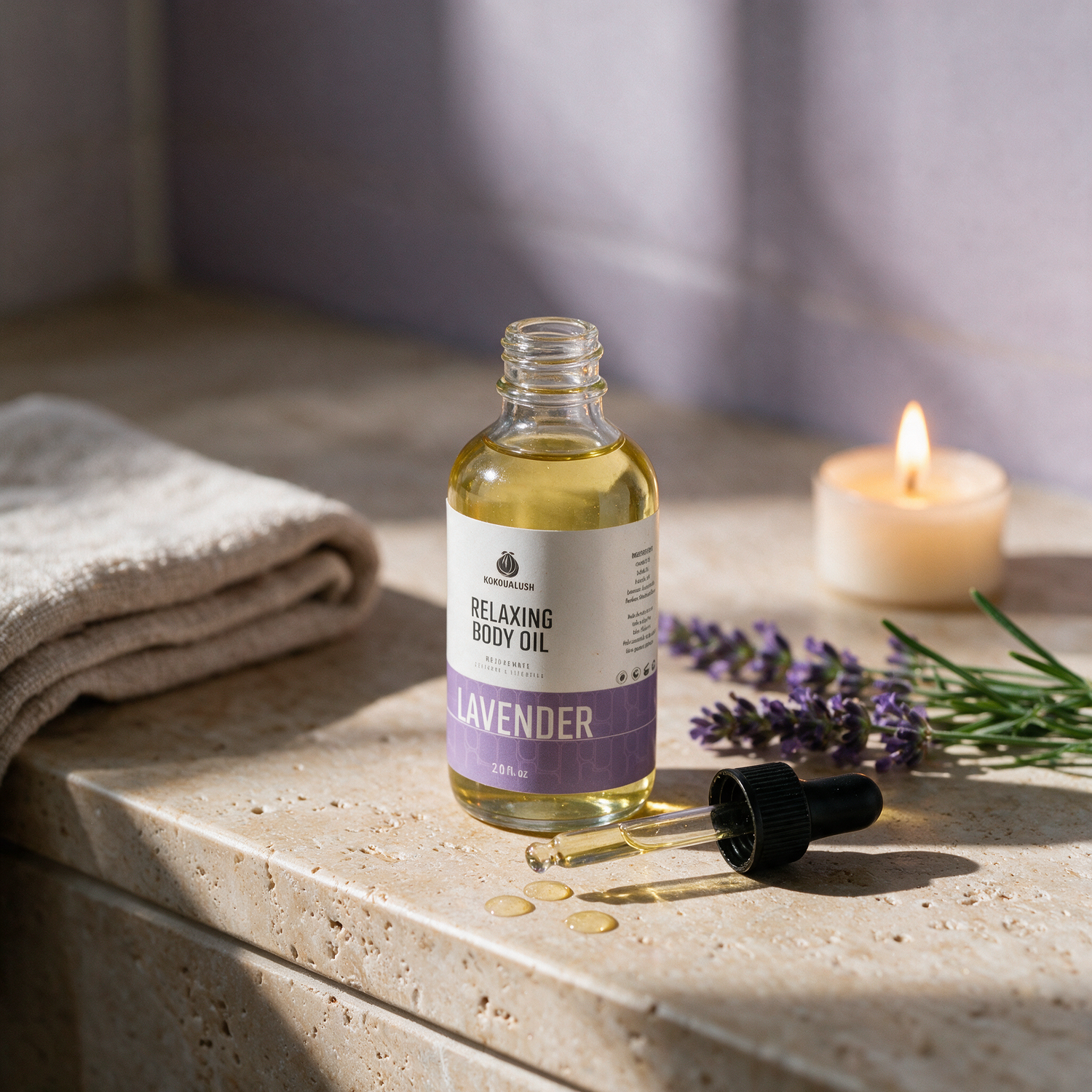 How to use Kokoualush Lavender oil: dropper dispensing on travertine ledge with candle and lavender