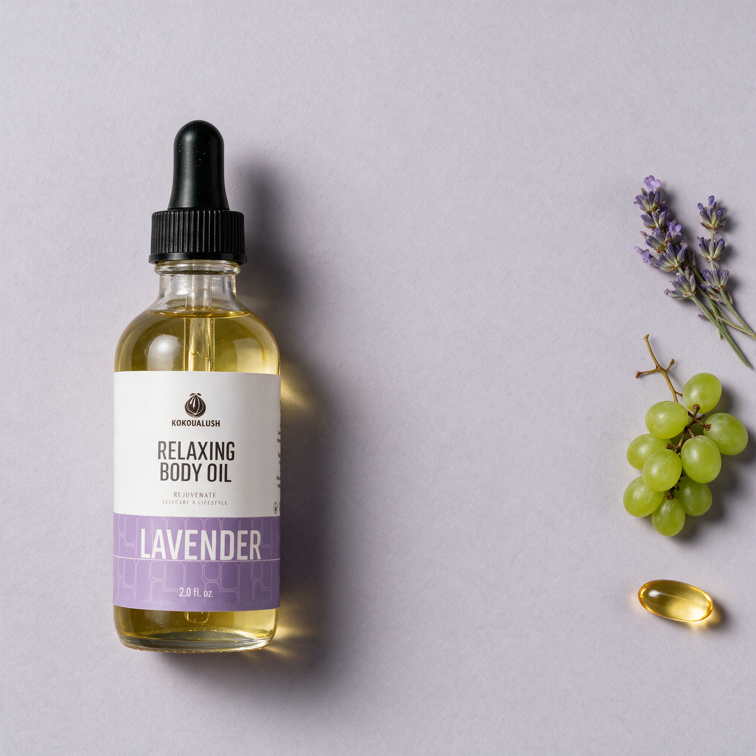 Kokoualush Lavender Relaxing Body Oil key ingredients lavender, grapeseed and vitamin E