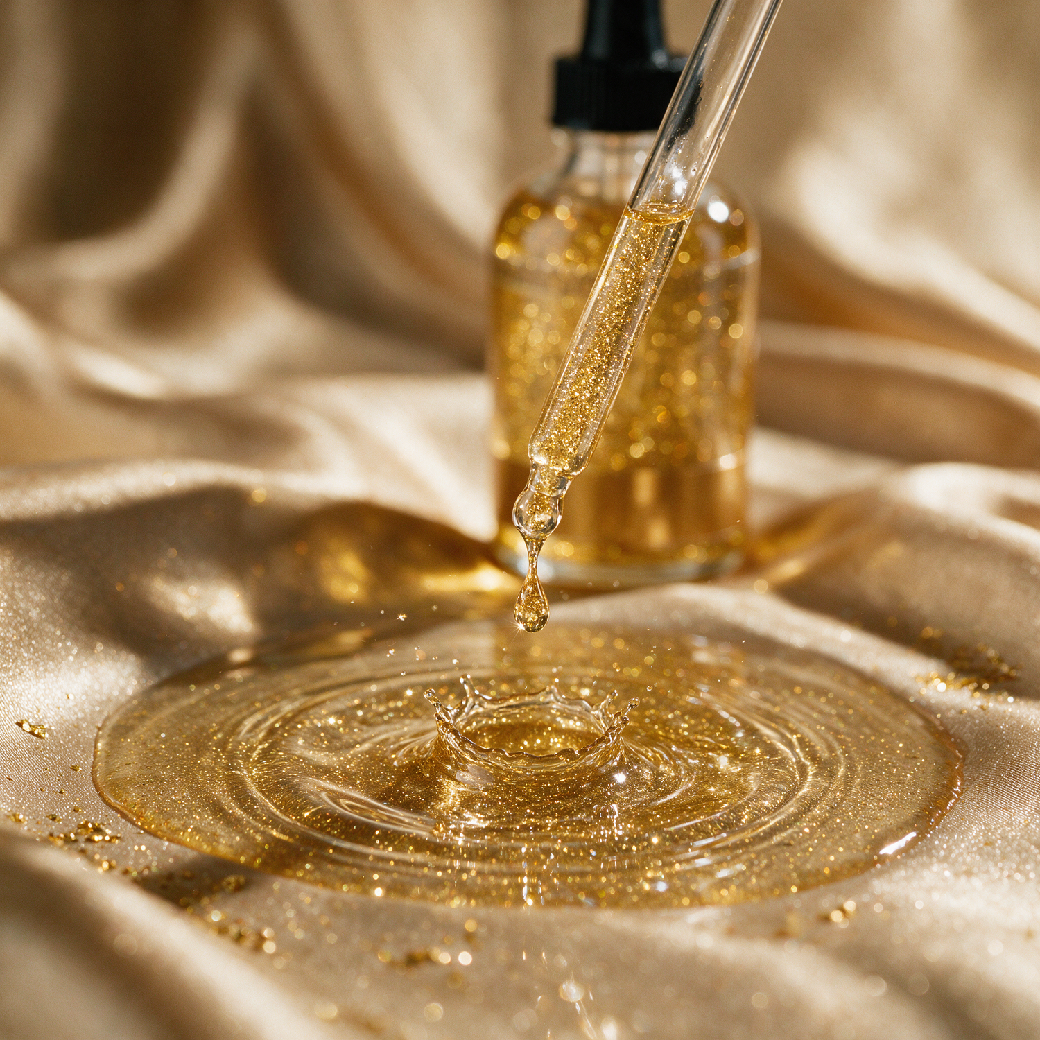 Kokoualush Empress gold shimmer Body Glow Oil sparkling droplet crown splash on gold silk