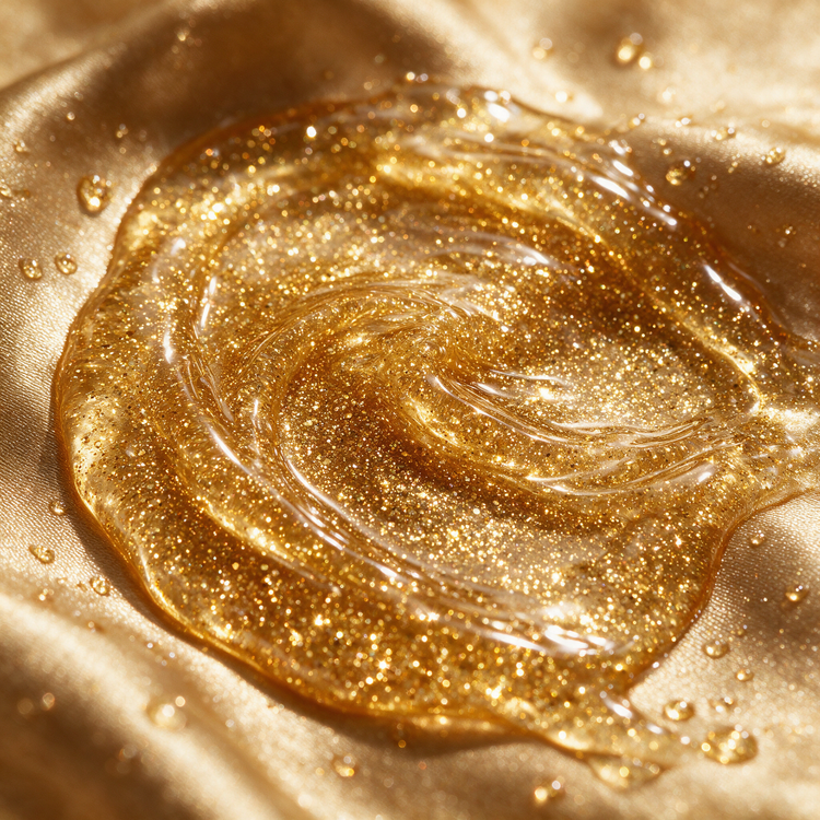 Macro texture of gold shimmer body glow oil densely packed with golden glitter