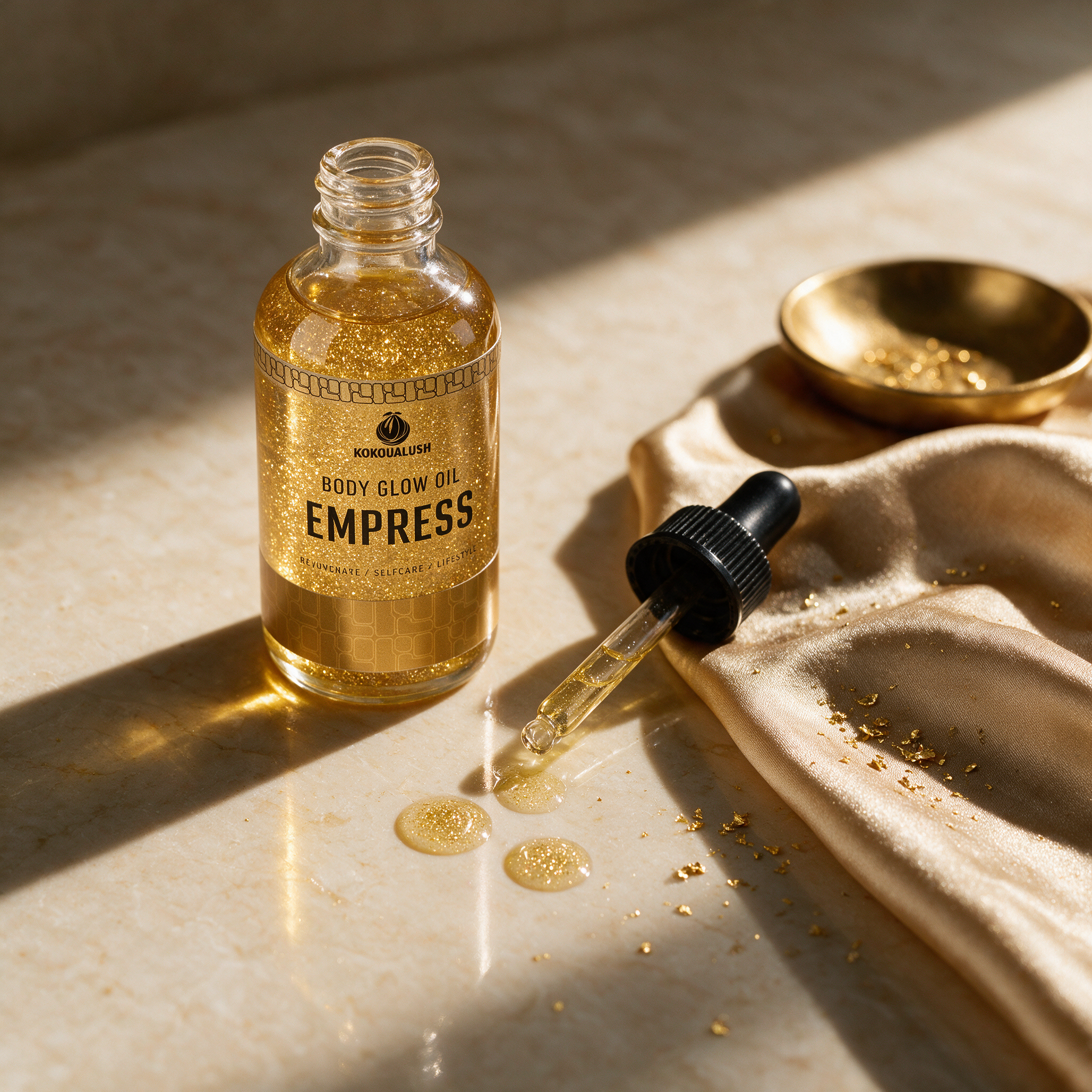 How to use Kokoualush Empress Glow Oil: dropper dispensing on marble with gold silk and flakes
