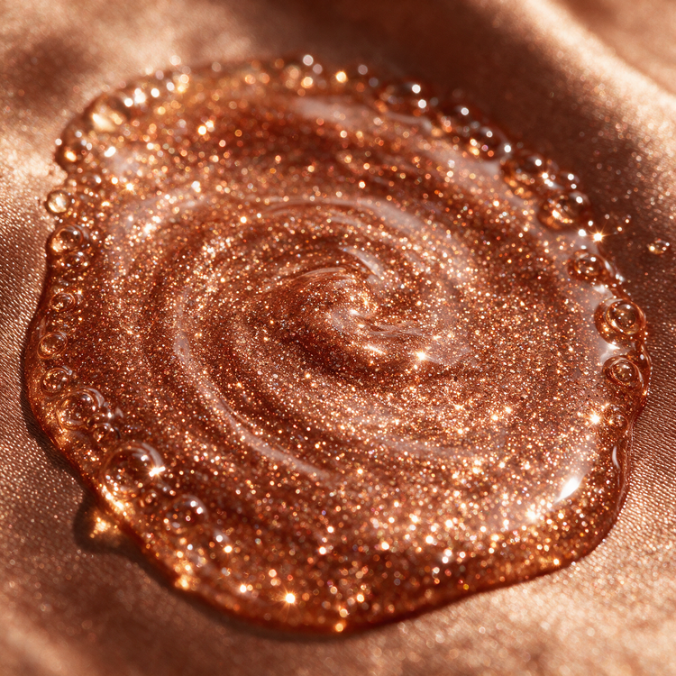 Macro texture of bronze shimmer body glow oil densely packed with copper glitter
