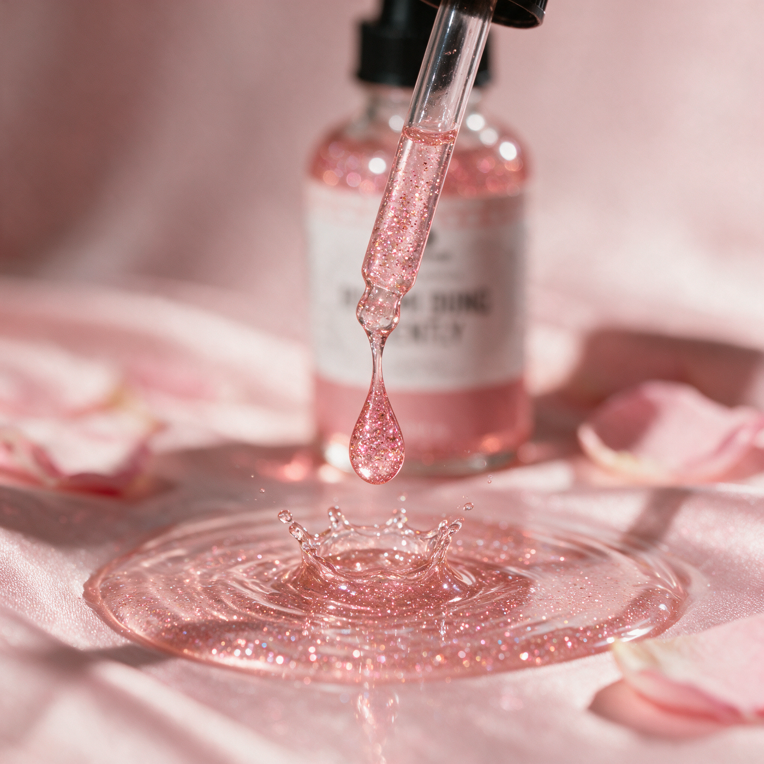 Kokoualush Rub Mi Dung Gently pink shimmer Body Glow Oil sparkling droplet crown splash with rose petals