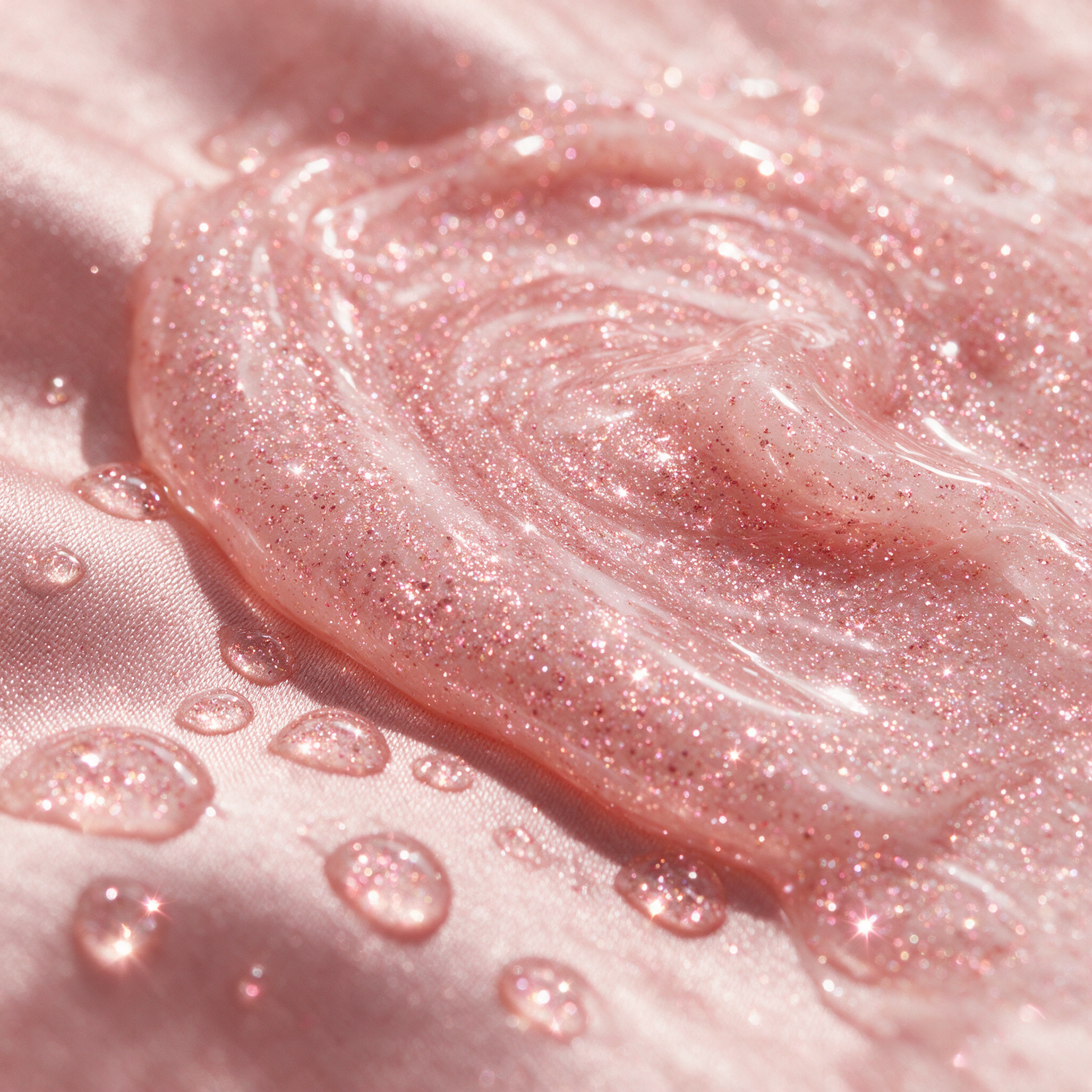 Macro texture of blush pink shimmer body glow oil densely packed with pink and rose-gold glitter