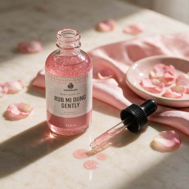 How to use Kokoualush Rub Mi Dung Glow Oil: dropper dispensing on marble with rose petals