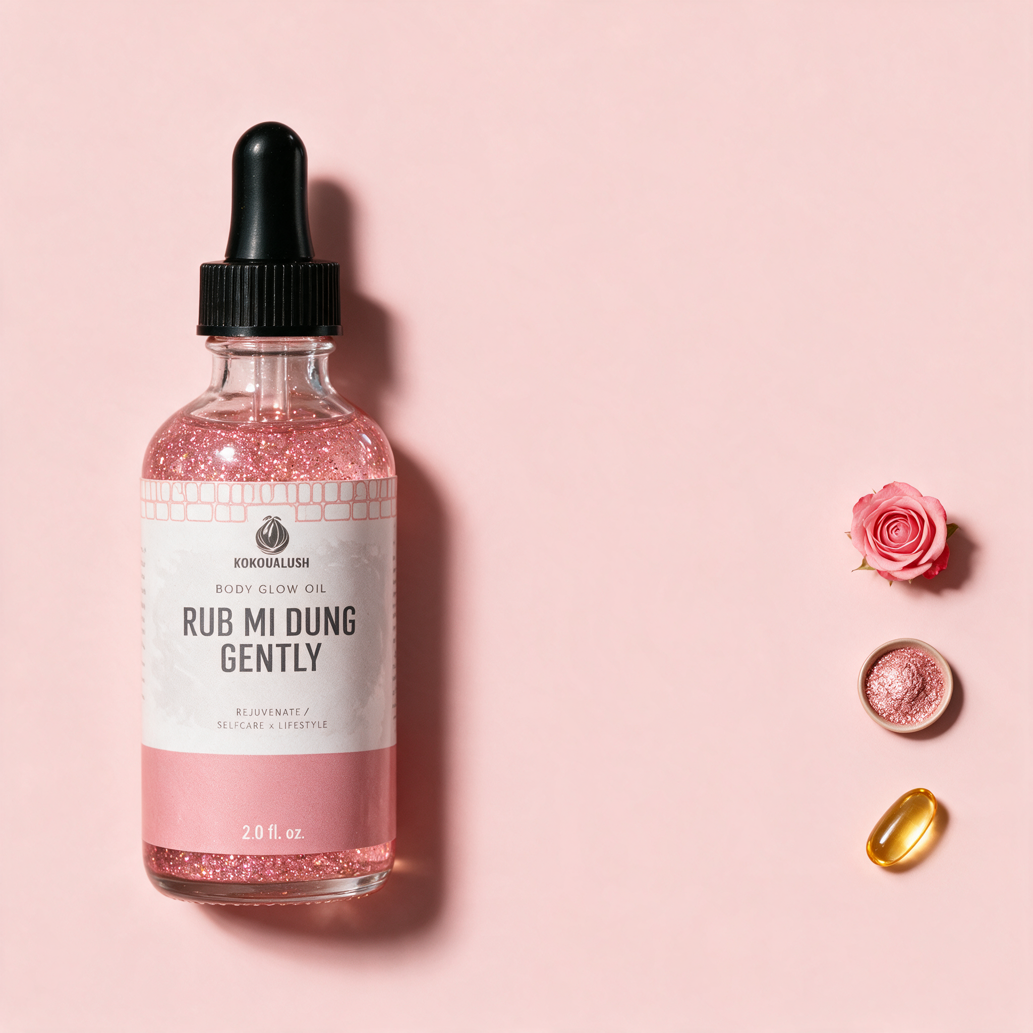 Kokoualush Rub Mi Dung Gently Body Glow Oil with rose, rose-gold shimmer mica and vitamin E