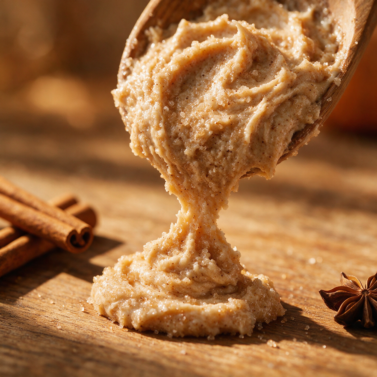 Kokoualush Pumpkin Spice Body Scrub wooden scoop lifting a mound of granular sugar scrub