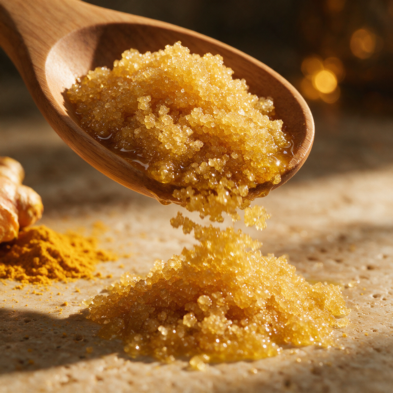 Kokoualush Turmeric Body Scrub wooden scoop lifting golden granular sugar scrub