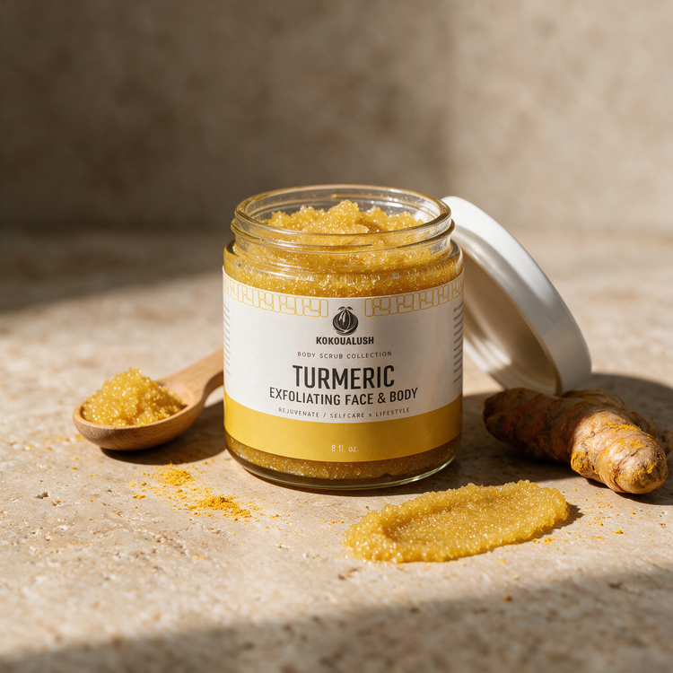 How to use Kokoualush Turmeric Scrub: open jar with scoop and swatch on travertine with turmeric root