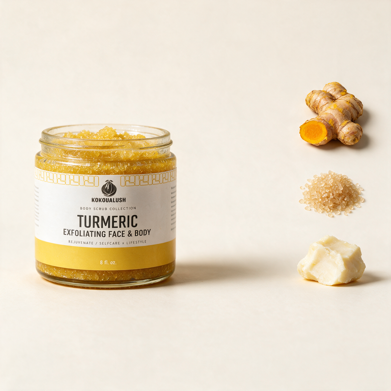 Kokoualush Turmeric Body Scrub key ingredients turmeric root, cane sugar and shea butter