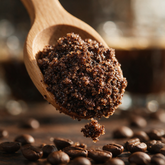 Kokoualush But First Coffee Body Scrub wooden scoop lifting dark coffee sugar scrub