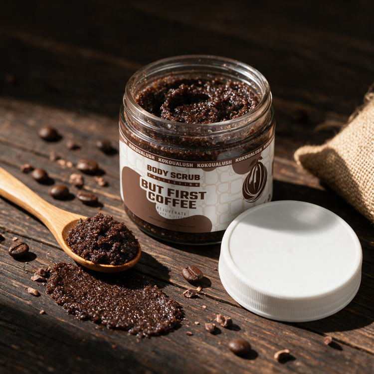 How to use Kokoualush But First Coffee Scrub: open jar with scoop and swatch on wood with coffee beans