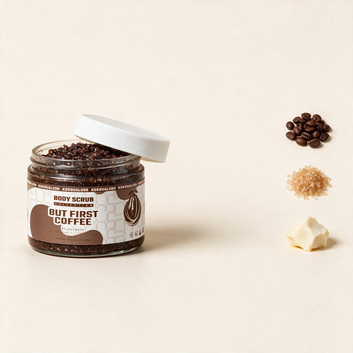 Kokoualush But First Coffee Body Scrub key ingredients coffee, cane sugar and shea butter
