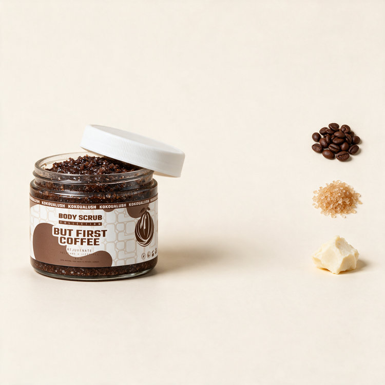 Kokoualush But First Coffee Body Scrub key ingredients coffee, cane sugar and shea butter