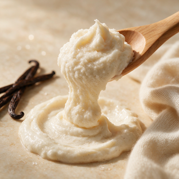 Kokoualush Vanilla Cashmere Body Scrub wooden scoop lifting ivory cream sugar scrub