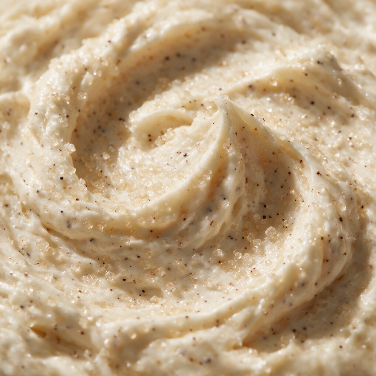 Macro texture of ivory vanilla sugar scrub with vanilla bean specks