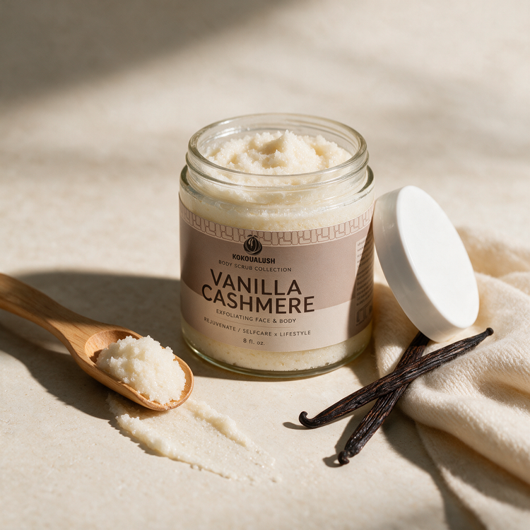 How to use Kokoualush Vanilla Cashmere Scrub: open jar with scoop and swatch with vanilla pods